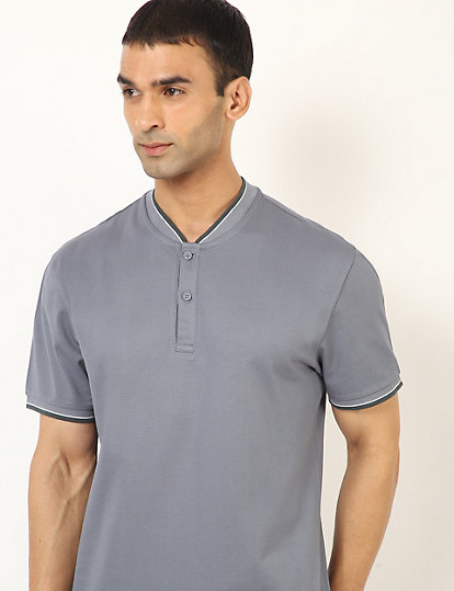 Pure Cotton Self Design Henley Neck T-Shirt