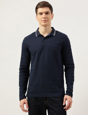 Pure Cotton Striped Full Sleeve Polo Shirt