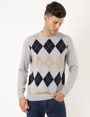 M&S Men's Cotton Argle Pattern Jumper - XSREG - Grey Mix, Grey Mix