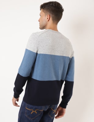 Pure Cotton Colorblock Crew Neck Jumper