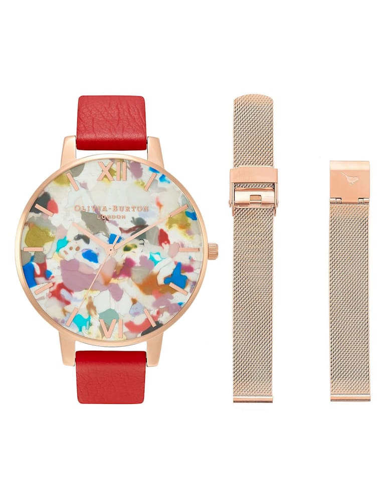 Olivia Burton Pop Art Red Leather and Stainless Steel Bracelet Watch 1 of 6