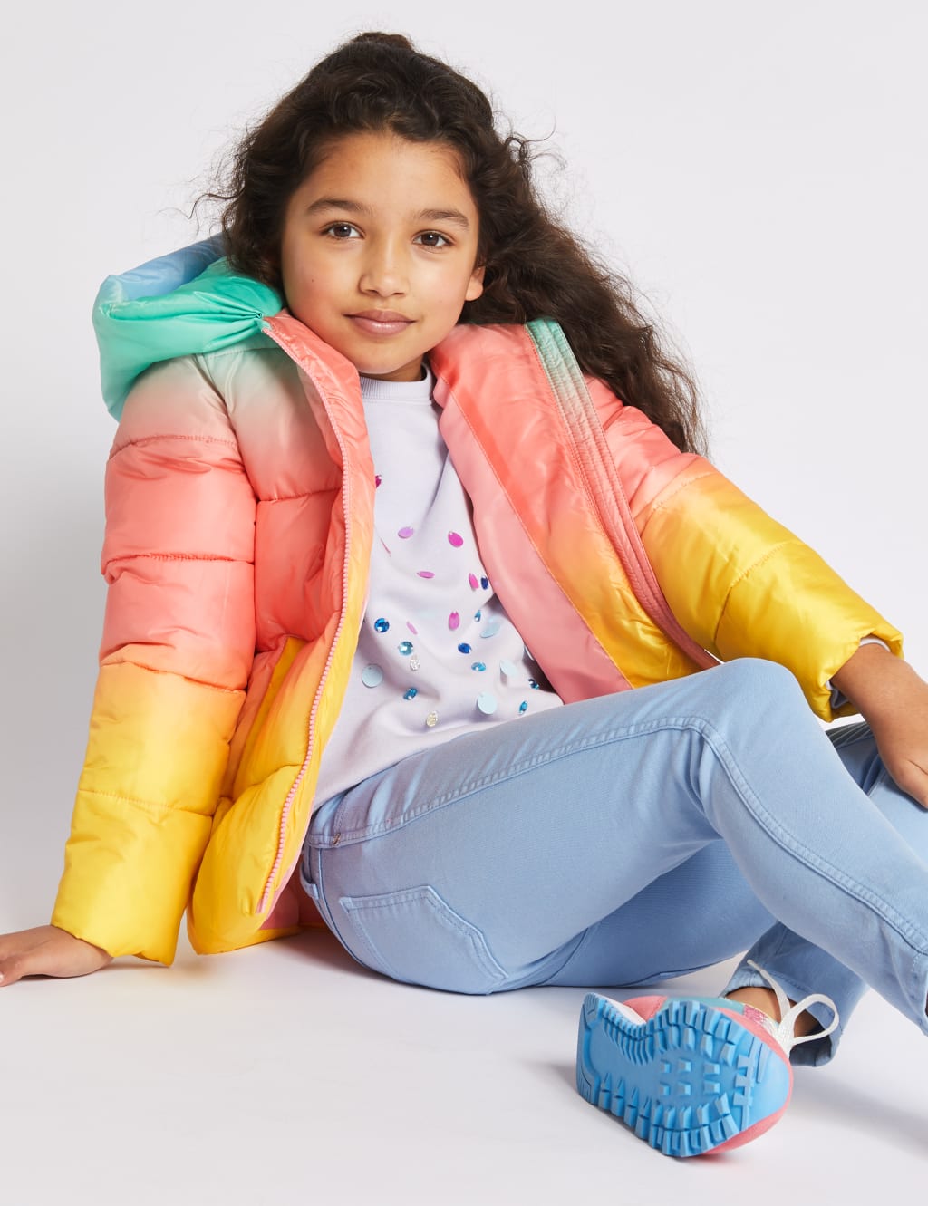 Girls Long Rainbow Ombre Sleeve Hooded Denim Jacket