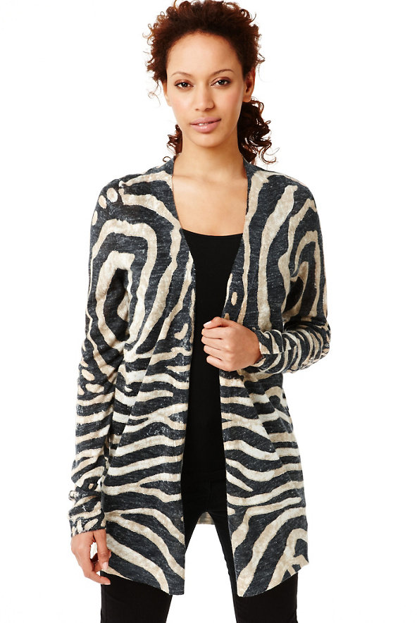 Open Front Animal Print Cardigan with Linen Image 1 of 2