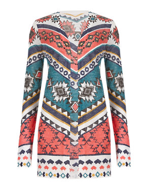 Open Front Aztec Print Cardigan with Linen Image 2 of 4