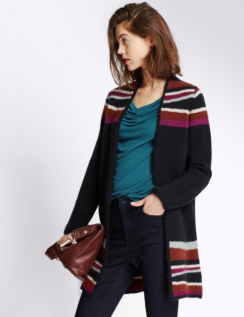 Open Front Striped Cardigan with Wool 3 of 3