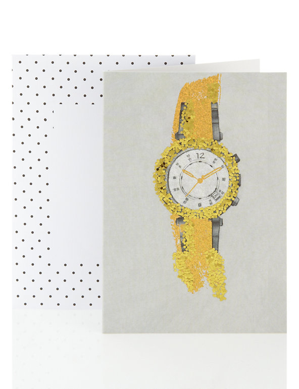 Open Recipient Blank for Your Own Message Card with Gold Glitter Wrist Watch Design Image 1 of 2