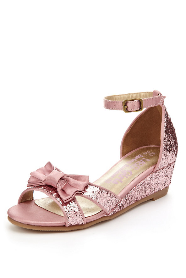 Open Toe Bow Glitter Wedge Sandals Image 1 of 1