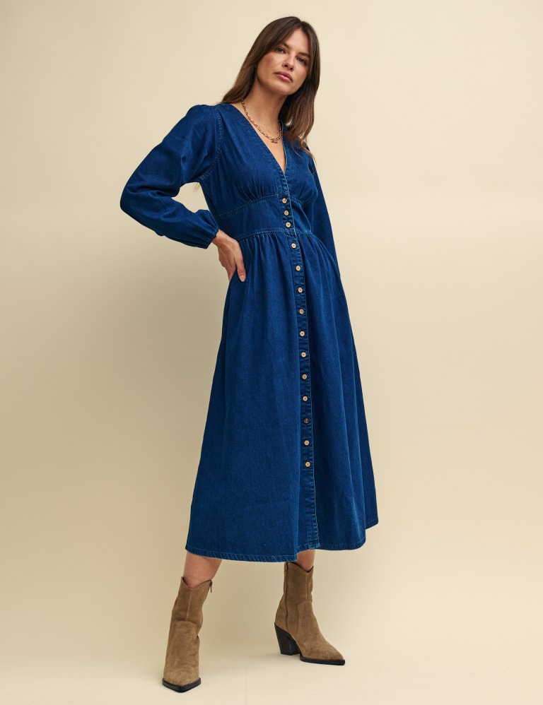 Fitted denim midi on sale dress