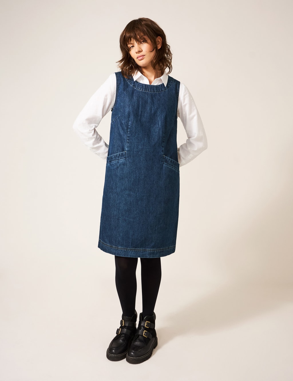 Denim pinafore dress with clearance buttons