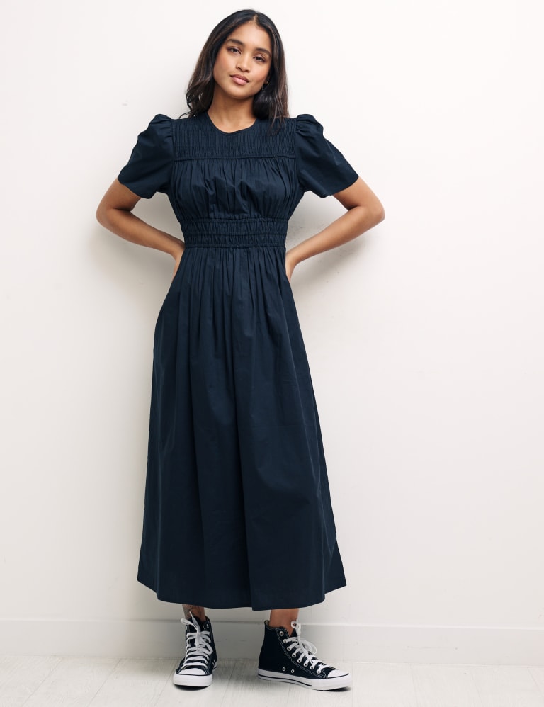 Organic Cotton Shirred Midi Smock Dress 2 of 6