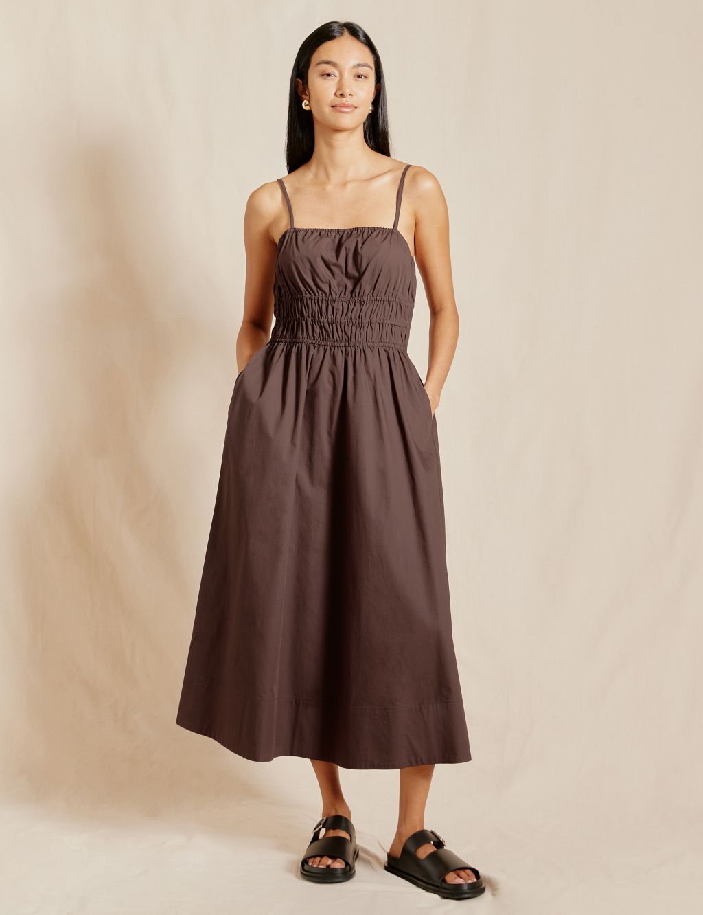 Organic Cotton Strappy Midi Shirred Dress 3 of 5