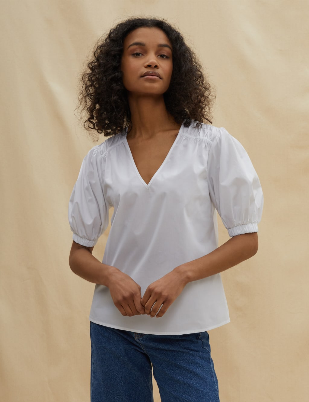 Organic Cotton V-Neck Puff Sleeve Blouse | Albaray | M&S