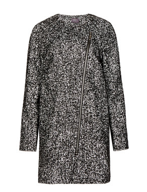 Oversized Textured Tweed Cocoon Coat with Wool Image 2 of 4