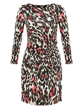 PETITE Animal Print Side Ruched Dress Image 2 of 6