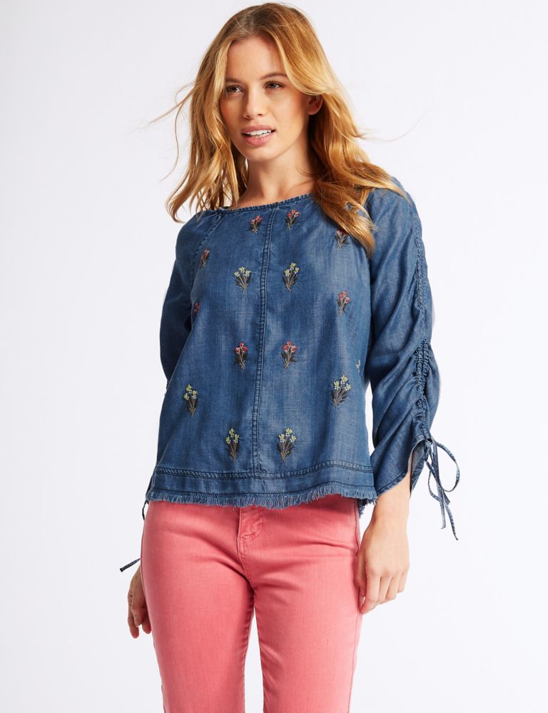 PETITE Embroidered Round Neck Blouse 1 of 4