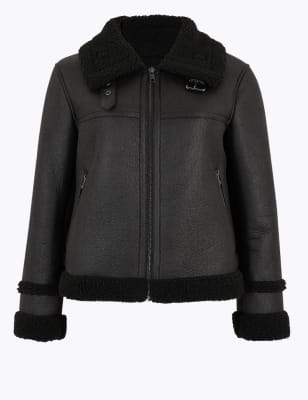 PETITE Faux Shearling Aviator Jacket M S Collection M S
