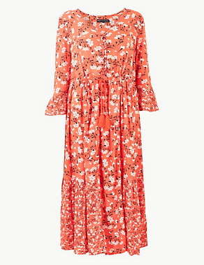 PETITE Floral Drawcord Relaxed Midi Dress Image 2 of 4