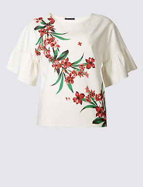PETITE Floral Print Frill Sleeve T-Shirt Image 2 of 4