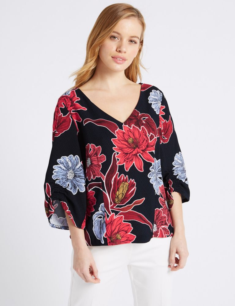 PETITE Floral Print Ruched Sleeve Blouse 1 of 4