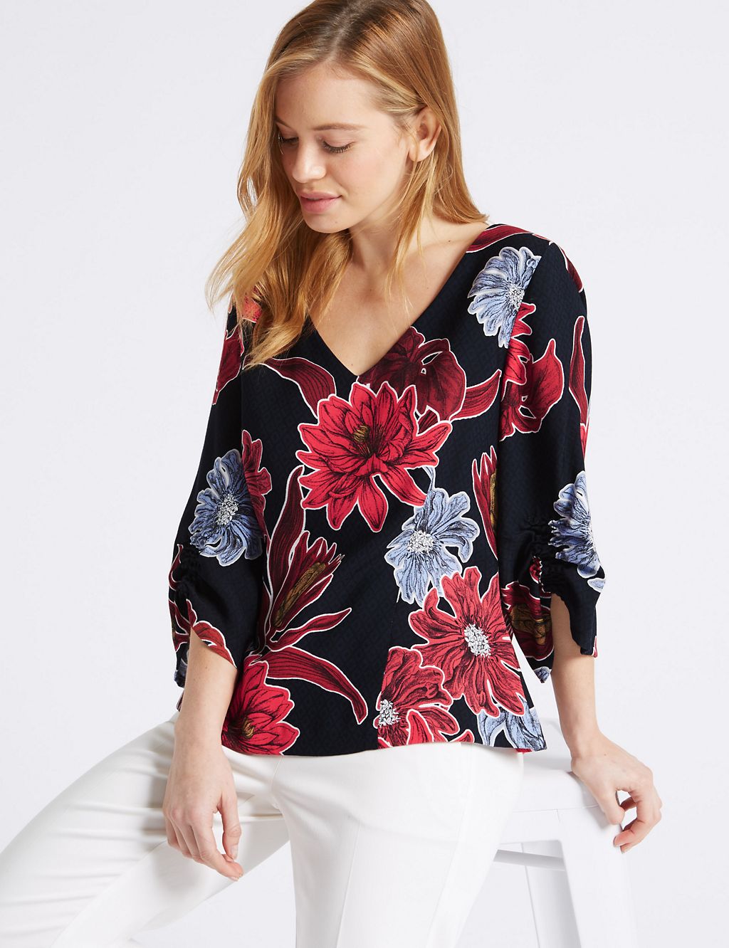 PETITE Floral Print Ruched Sleeve Blouse 2 of 4