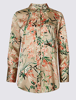 PETITE Floral Print Satin Long Sleeve Shirt Image 2 of 5