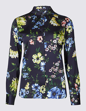 PETITE Floral Print Satin Long Sleeve Shirt Image 2 of 4