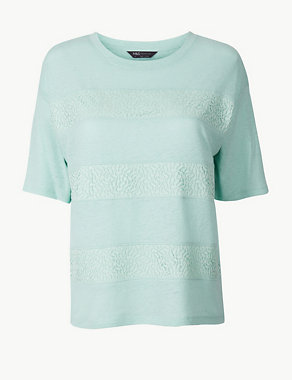 PETITE Linen Blend Lace Regular Fit T-Shirt Image 2 of 4