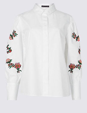 PETITE Pure Cotton Floral Embroidered Shirt Image 2 of 4
