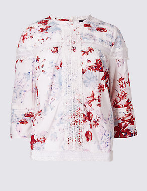 PETITE Pure Cotton Pintuck Printed Blouse Image 2 of 5