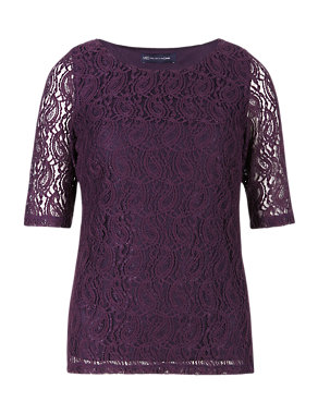 PETITE Round Neck Lace Top Image 2 of 4