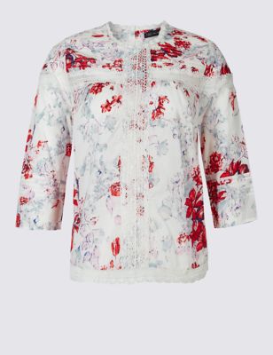 PLUS Pure Cotton Printed Pintuck Blouse Image 2 of 5