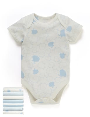 7 Pack Pure Cotton Elephant Print Short Sleeved Bodysuits | M&S