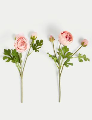 Moss & Sweetpea Set of 2 Artificial Real Touch Ranunculus Stems - Pink, Pink,White