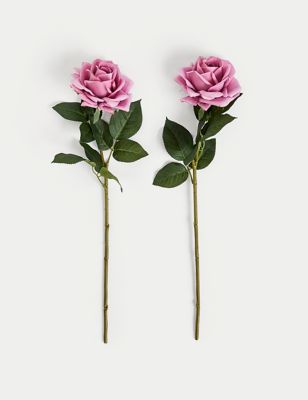 Moss & Sweetpea Set of 2 Artificial Real Touch Rose Stems - Pink, Pink,Yellow