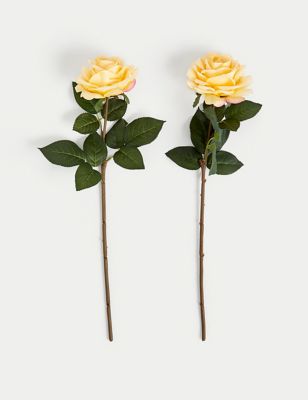 Moss & Sweetpea Set of 2 Artificial Real Touch Rose Stems - Yellow, Yellow