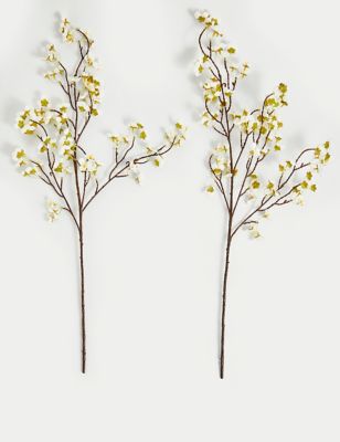Moss & Sweetpea Set of 2 Artificial Cherry Blossom Single Stems - White Mix, White Mix,Soft Pink
