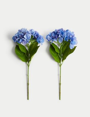 Moss & Sweetpea Set of 2 Artificial Real Touch Hydrangea Stems - Blue, Blue