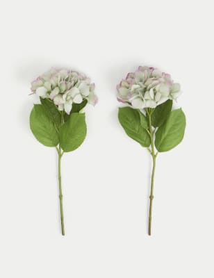 Moss & Sweetpea Set of 2 Artificial Real Touch Hydrangea Stems - Green, Green,Blue