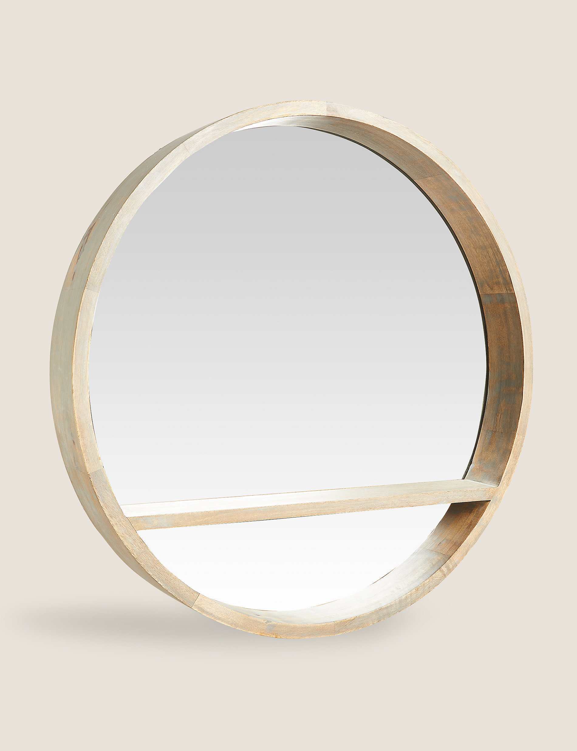 Miroir rond en bois avec étagère