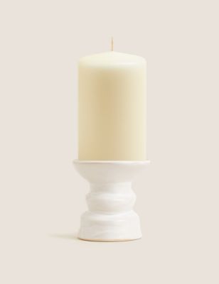 M&S Medium Ceramic Pillar Candle Holder - White, White