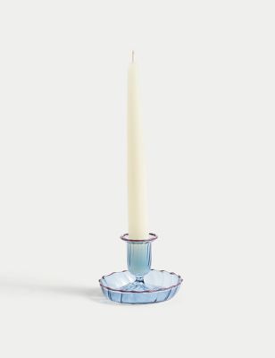M&S Glass Dinner Candle Holder - Blue, Blue