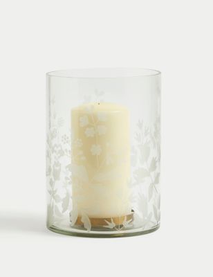 M&S Sandblasted Floral Hurricane Candle Holder - Clear, Clear