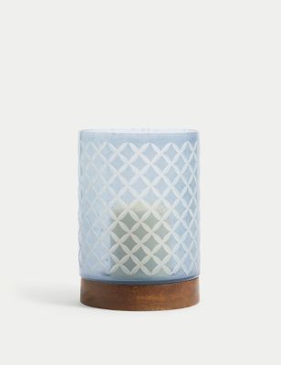 M&S Etched Glass Candle Holder - Blue, Blue
