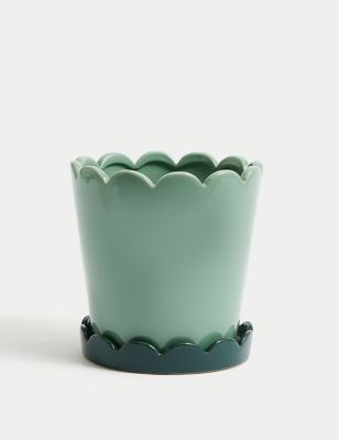 M&S Ceramic Scallop Planter with Tray - Green, Green