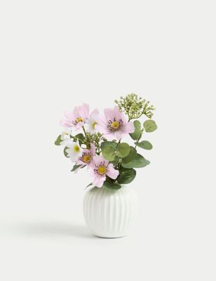 Moss & Sweetpea Artificial Flower Arrangement in Ceramic Pot - Pink, Pink