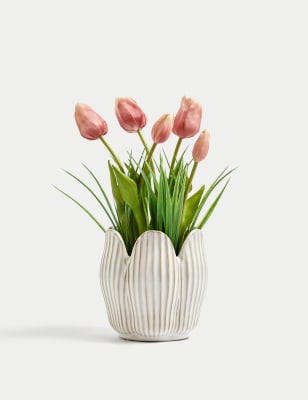 

Moss & Sweetpea Artificial Tulips in Ceramic Pot - Pink, Pink