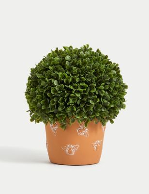 Moss & Sweetpea Artificial Topiary Ball in Ceramic Bee Pot - Green, Green