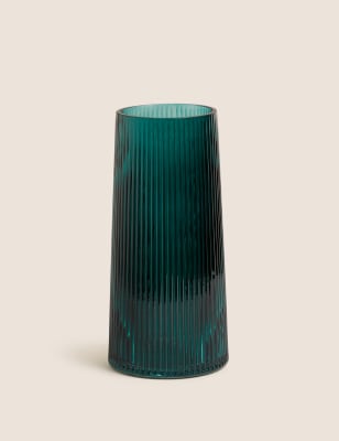 

M&S Collection Glass Ribbed Vase - Green, Green