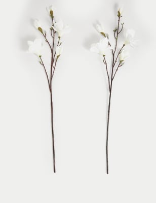 Moss & Sweetpea Set of 2 Artificial Magnolias Single Stem - White Mix, White Mix