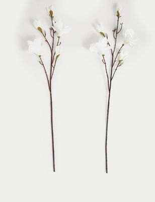 Moss & Sweetpea Set of 2 Artificial Magnolias Single Stem - White Mix, White Mix